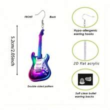 2D Flat Colored Guitar & Vinyl Record Music Festival Earrings - Boho Style 2D Flat Acrylic Cartoon Pendant With Zinc Alloy Hook, Lightweight And Durable Jewelry, Suitable For Concerts, Festivals, Casual Outfits - Perfect Gift For Music Lovers