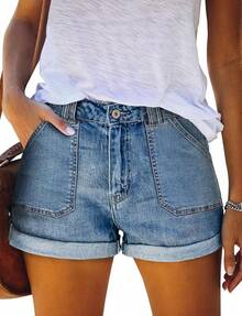 CHICZONE Womens Mid-High Rise Ripped Jean Shorts Distressed Stretchy Shorts - #8 藍色 - 查看 1