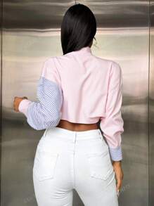 Camisa informal de cintura alta con rayas en el ombligo y bolsillos delanteros con botones para uso diario para mujer