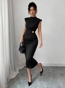 Women's Rose Gold Metal Buckle Waist Fitted Dress