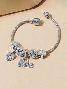 1pc Fashionable Rose Gold Beaded Bracelet, Hollow Carved Heart Charm With Rhinestone Embellishment Valentines,Mom,Mother,Mother's Day,Gift