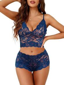 Floral Lace Lingerie Set High Waist Sleepwear Bra And Panty 2 Piece Nightwear 2025 Back-To-School Season Fall Pjs - 深藍色 - 查看 1