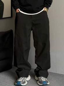 1 pièce Jeans de navetteur de style américain minimaliste lavé, Pantalon décontracté polyvalent ample à jambe large (sans ceinture ni accessoires) - Noir - Voir 3