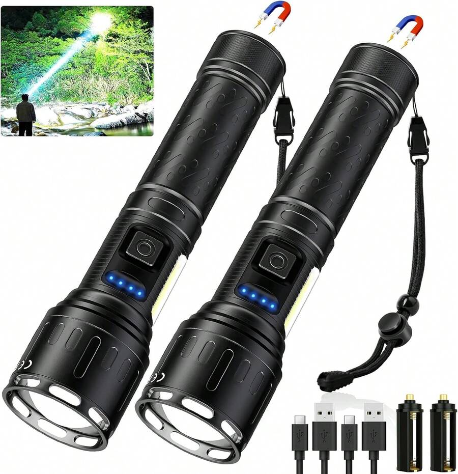 2pcs Rechargeable Magnetic Flashlights High Lumens, Super Bright LED Powerful Flashlight 8 Modes With COB Work Light,  Handheld Flash Light For Camping (2 Pack With Paper Box, Black) - 黑色 - 查看 1