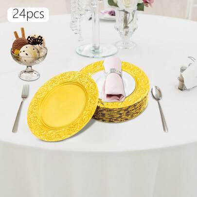CNCEST 24 Pieces Round Charger Plates Bulk 12.99 Inch Plastic Chargers With Floral Rim, Reusable Decorative Plates For Weddings, Parties, Events, Restaurant Table Settings (Gold)