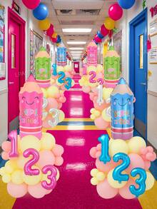 28pcs/Set Back To School Theme Decoration Balloons - Back To School Party Decor Set, Pencil Balloons (Pink/Green/Blue), 16" "123" Slogan Banner Balloons (Silver/Blue/Magenta), 10"/5" Latex Balloons (Light Pink/Light Yellow) - Multicolor - View 6