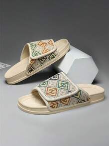 Men's Fashion Print Beige Flip Flops, Casual Outdoor Indoor Slippers For Summer