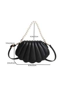 Shell Shaped Faux Pearl Decor Women Handbag & Shoulder Bag, Pearl Bag - Black - View 4