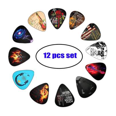 12pcs/Set Guitar Picks - 0.46/0.71/1.0mm Thickness Options, 12 Non-Repetitive Music Themed Patterns, Guitar & Ukulele Plectrums, Gifts For Music Lovers With Vibrant Designs