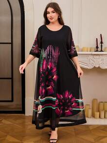 DEARCASE Plus Size Elegant Floral Print Dress Vacation Black Summer - Black - View 1