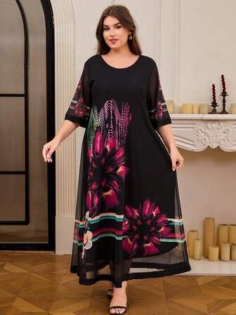 DEARCASE Plus Size Grafiskt tryck Kontrast Trim Klänning