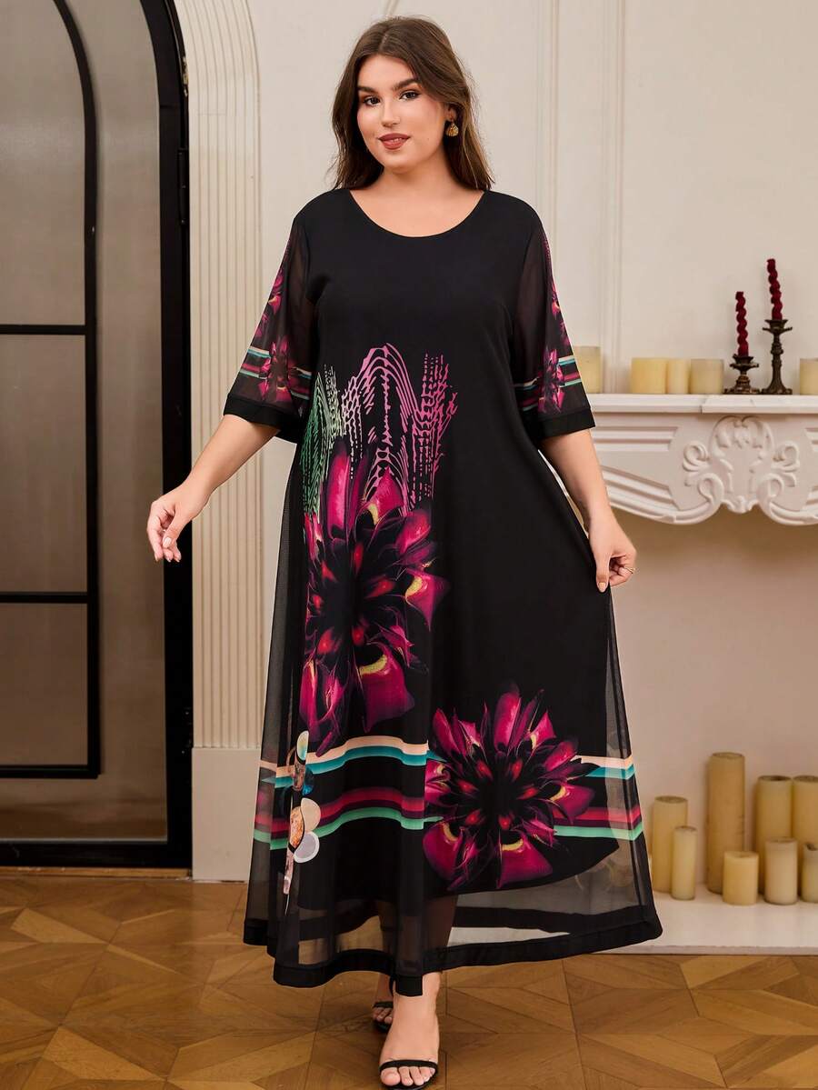 DEARCASE Plus Size Elegant Floral Print Dress Vacation Black Summer - Black - View 1