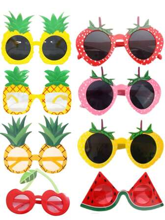 8Pcs Vibrant Luau Fruit Shaped Glasses - Colorful Plastic Hawaiian Beach Photo Booth Props With Fun Pineapple, Strawberry, And Watermelon Designs - Perfect For Tropical Themed Events, General Use, And Making Unforgettable Memories