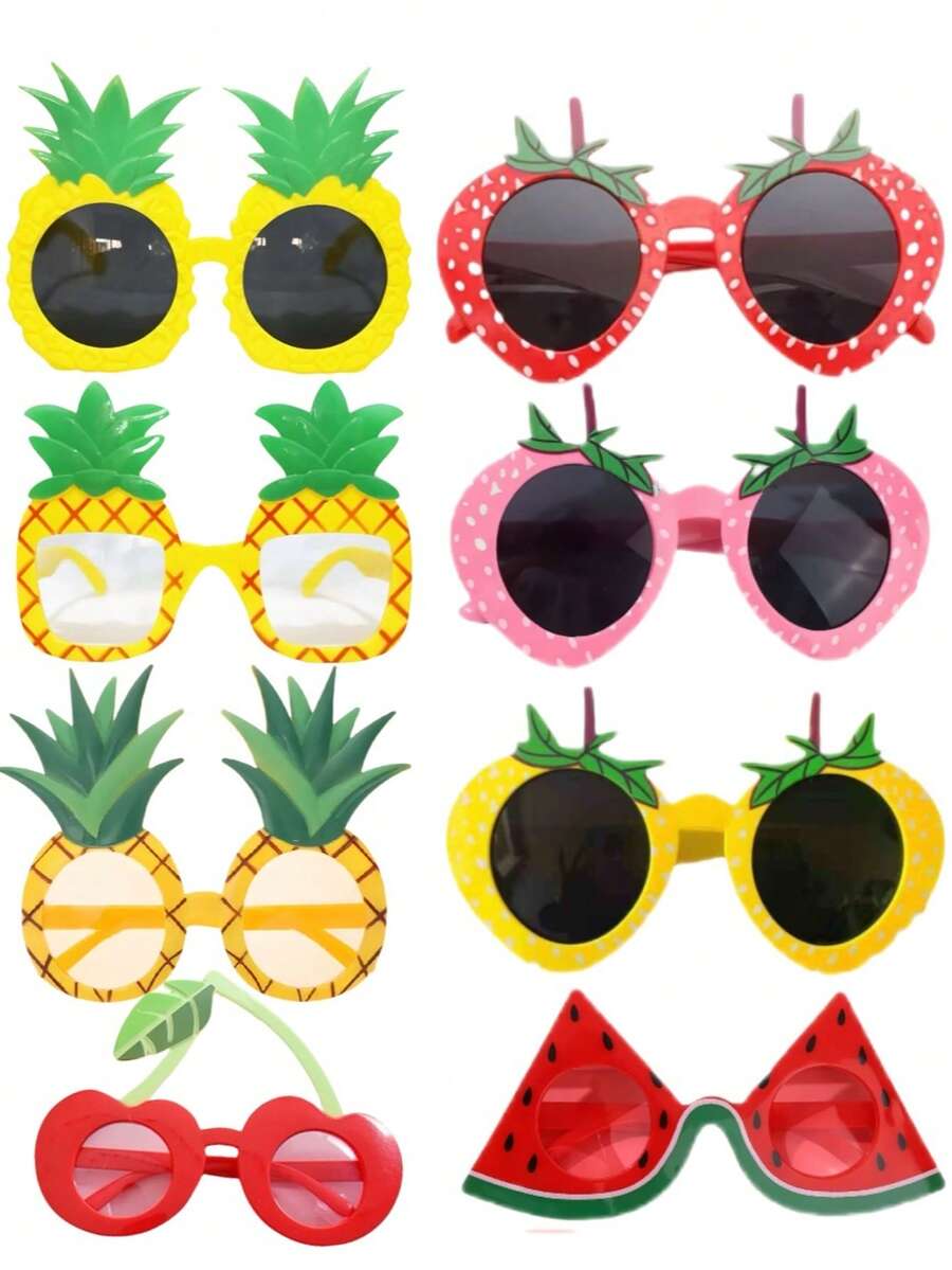 8Pcs Vibrant Luau Fruit Shaped Glasses - Colorful Plastic Hawaiian Beach Photo Booth Props With Fun Pineapple, Strawberry, And Watermelon Designs - Perfect For Tropical Themed Events, General Use, And Making Unforgettable Memories