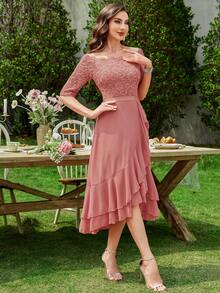 MIUSOL 船领花卉蕾丝拼接荷叶边下摆鸡尾酒会摇摆连衣裙婚礼宾客连衣裙舞会连衣裙