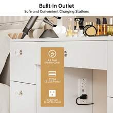VOWNER 44" Modern Vanity Desk With Lighted Mirror, Makeup Vanity Table With Power Outlet, Glass Top, 14 Bulbs Mirror 3 Color & Brightness Adjustable, 7 Drawers For Storage, Bedroom Vanity Set For Girls Women, Gifts For Christmas - 查看 3