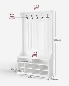Meuble d'Entrée, Porte-Manteau avec Banc à Chaussures, Vestiaire, Rangement pour Chaussures, 5 Crochets Triples, Gain de Place, pour Entrée, Couloir, Étagères Réglables, Blanc Nuage - Blanc - Voir 5
