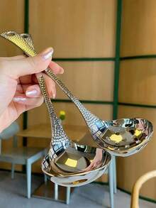 2件套不锈钢汤勺和滤网套装，锤纹长柄火锅勺，家用 - 銀色 - 查看 10