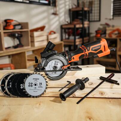 DOVAMAN Mini Handkreissäge, 710W 115mm Handkreissäge w/Laser, 3500RPM, Metall-Hilfsgriff, 43mm (90°), 29mm (45°) Schnitttiefe, 6 Sägeblätter, ideal für Holz, Weichmetall, Kunststoff, Fliesen
