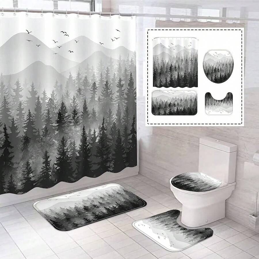 4 Pcs Funny Cat Shower Curtain Set With Rug Teal Blue Sea Ocean Bathroom Sets With Waterproof Fabric Shower Curtain And Non-Slip Rugs Toilet Lid Cover Bath Mat Decor With Hooks - Black - View 1