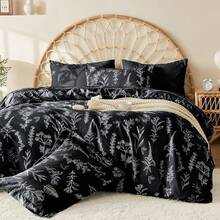 Duvet Cover King Size, Reversible Floral Lavender Duvet Cover Set With Zipper Closure, 3 Pieces Botanical Patterns Soft Microfiber Bedding Set (90"X104", 2 Pillow Cases 20"*36") - 01 - 黑葉(無被子) - 查看 1
