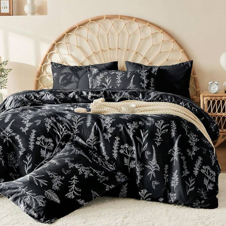 Duvet Cover King Size, Reversible Floral Lavender Duvet Cover Set With Zipper Closure, 3 Pieces Botanical Patterns Soft Microfiber Bedding Set (90"X104", 2 Pillow Cases 20"*36") - 01 - 黑葉(無被子) - 查看 1