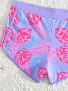 NB VEST Conjunto de Praia Juvenil Feminino com Top Amarrável com Babados e Shorts Estampado de Folhas - J3021