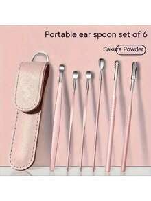 6-Piece Stainless Steel Ear Cleaning Kit - Ergonomic Earwax Remover With 360° Spiral Design, Travel-Ready Leatherette Case & Family-Safe Tools, Non-Invasive Daily Care For Men & Women (Office & Travel - 彩色 - 查看 6