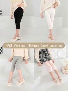 4 piezas Mallas capri para niñas de verano de algodón elástico con rayas verticales de unicolor, pantalones cortos suaves para uso diario