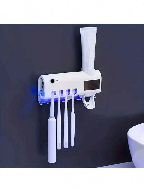 1 stuk witte slimme tandenborstelsterilisator, tandenborstelhouder zonder gaten voor wandmontage, multifunctionele automatische tandpastaknijper met USB-oplaadfunctie, badkamerset voor 4 tandenborstels en één tandpasta, geschikt voor badkamers, slaapzalen en huisdecoratie. Badkamerdecoratie voor het nieuwe schooljaar.