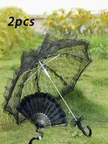 2 Pieces Romantic Bridal Wedding Props, Umbrella And Fans, European Ripple Elastic, Outdoor Wedding Decoration Set