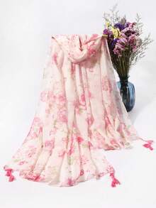 1 件女士时尚花卉图案优雅流苏针织围巾/披肩，适合海滩、旅行、派对