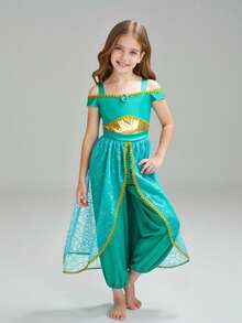 1 Set Young Girls' Off-The-Shoulder Green Princess Jumpsuit, Suitable For Parties - Green - View 1