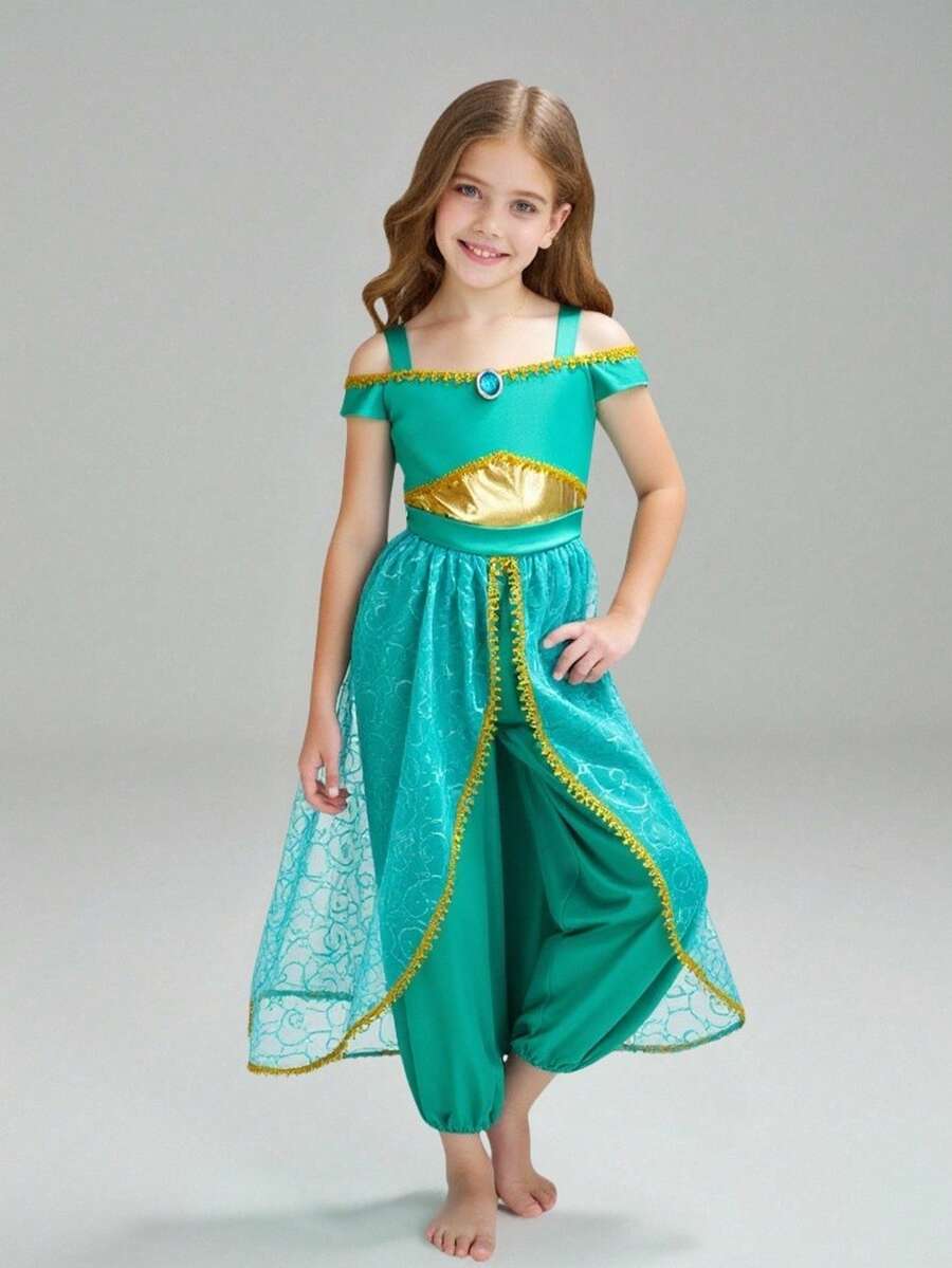 1 Set Young Girls' Off-The-Shoulder Green Princess Jumpsuit, Suitable For Parties - Green - View 1