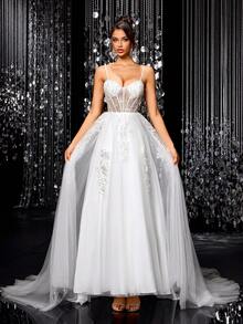Vestidos de noiva elegantes com bordados em malha LVNES, com miçangas e lantejoulas, sem mangas e corte A - Branco - Ver 7