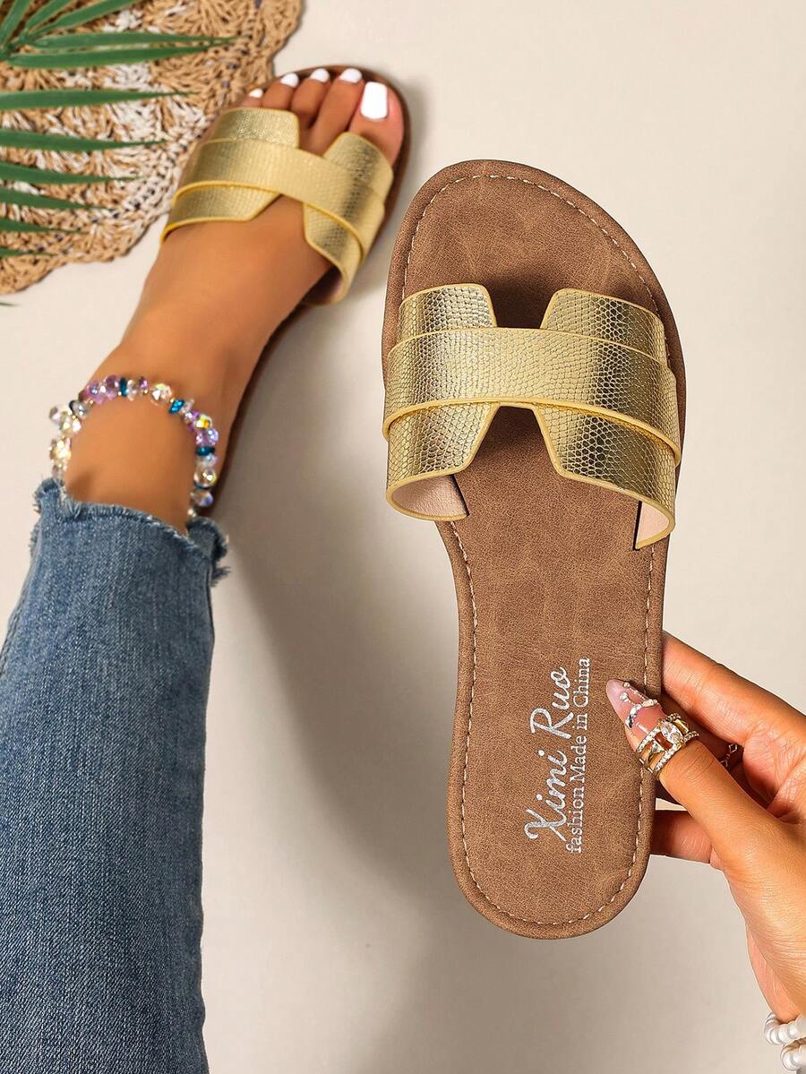 新款春夏时尚 H 型拖鞋,女士休闲一脚蹬露趾罗马风格平底,舒适黑色/米色/棕色,博主推荐沙漠钥匙扣法式优雅水钻厚底凉鞋,别致夏季沙滩鞋,平头环拖鞋室内外防臭防滑 - 金色 - 查看 1