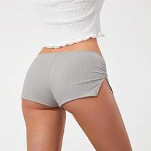 Shorts cortos con diseño escotado y acanalado para mujer para usar en casa - Gris - Ver 4