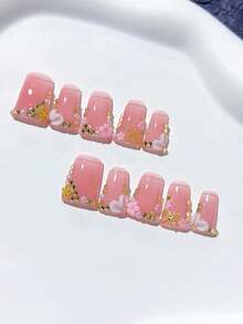 10 miếng dán móng tay tự dính kiểu Pháp tối giản màu nude; Trang trí bằng kim cương vàng, nơ vàng và hoa hồng; Dụng cụ làm móng, tự làm móng, móng giả acrylic; Thích hợp cho các dịp lễ, tiệc tùng và sử dụng hàng ngày; Bao gồm 1 gel dẻo và 1 dũa móng mini. - Hồng - Xem 2