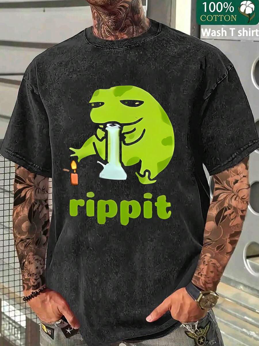 Rippit Frog | , Smoker, 420 Graphic Print T-Shirt - Men's Fashion Casual Short Sleeve Crew Neck Tee With 230g Thickened Cotton, Washed And Distressed Batik Finish, Boutique Style - Perfect For Summer Outings And Casual Events - Black - View 1