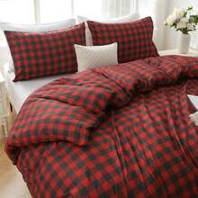 Duvet Cover King Size, Reversible Floral Lavender Duvet Cover Set With Zipper Closure, 3 Pieces Botanical Patterns Soft Microfiber Bedding Set (90"X104", 2 Pillow Cases 20"*36") - 04 - 紅色格子(無被子) - 查看 8