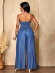 AIJ Bộ áo liền quần nữ Amarilo thanh lịch, màu trơn, quần ống rộng có cúc kim loại, phù hợp cho việc đi lại hàng ngày. - Màu xanh lam - Xem 3