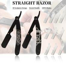 Men's Straight Razor Kit, Including 10PCS Stainless Steels Blades, Razor With Mental Handle With 3D Engraving Design,Black Classic Vintage Look For Barber Razor Manual Shaving For Haircutting, Beard Shaping, And Eyebrow Trimming For Men