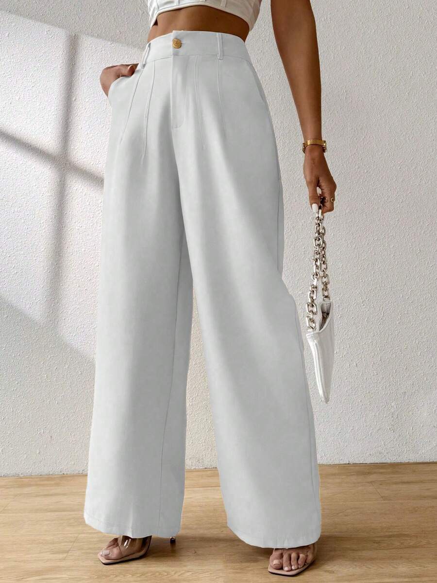 ADD WOMEN'S FASHION - AS1255 Women's Tailored Pants, High Waist, Palazzo, Sophisticated, Blogger, Social, Casual, Elegant, Palazzo Pants, High Waist, With Side Pockets, Romantic Fabric, Flare, Bell Bottom, Wide Leg, Sweatpants, Pants With Belt, Women's High Waist Jeans With Lycra Cotton Polyester Elastane, Premium Black Skinny Pants Women's High Waist With Lycra Elastane Black Jeans Black Twill Pants Women's Skinny Crepe Mesh Pants With Lined Belt High Waist Slim Quality, Women's Pants, Tailoring, Pantyhose, Crepe Pants, Jeans, Jogger, Denim Jacket, Linen, Women's Wide Leg Pantaloons, Monsca Zipper, Women's High Waist Jeans To The Navel With Elastane Lycra Women's Clothing, Wide Leg Pants, Duna With Modern, Stylish, Light, Comfortable, National Shipping, SHE Discounts (IN) - 白色 - 查看 1