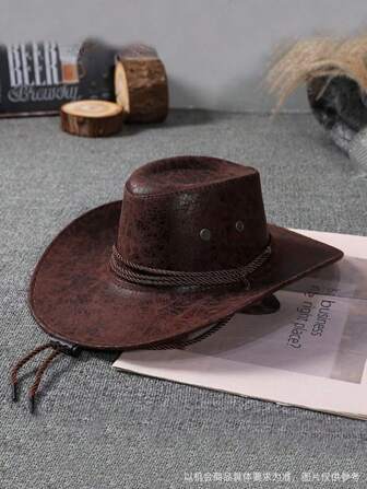 1pc Black/Brown Optional Solid Color PU Leather Western Cowboy Hat, Soft PU Material Unisex, Suitable For Casual, Travel, Vacation, Park, Outdoor Activities, Spring/Summer