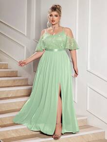 露肩细肩带亮片花卉蕾丝撞色雪纺开衩大腿下摆晚宴派对长裙，夏季连衣裙，优雅正式舞会婚礼宾客礼服，毕业典礼、晚宴、返校节等场合适用 - 薄荷綠 - 查看 7