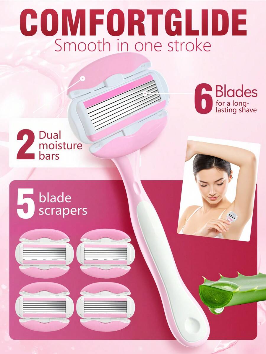 Lâminas para Mulheres, Lâminas para Mulheres para Barbear com 6 Lâminas, Lâminas de Barbear com Tira de Umidade Suavizante e Alça Antiderrapante, Lubrificação de 360° Reduz a Irritação, Remoção de Cabelos, Para Rosto, Braços, Pernas, Mãos, Axilas, Aparador Corporal Feminino, 1 Cabo com 5 Refis de Lâmina, Remoção de Cabelo, Lâmina Facial, Lâmina de Barbear, Removedor de Pelos Faciais, Auto Cuidado Epilador, Ferramentas de Cuidados de Verão, Aparador Corporal para Viagem, Itens Essenciais de Férias