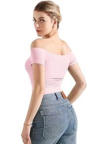 Tops de mujer con hombros descubiertos y doble forro, camisetas básicas ajustadas para salir - Rubor - Ver 3
