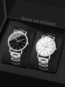 2pcs Classic & Fashion Men's Casual Steel Strap 3-Eye Numeric Scale Dial Quartz Wrist Watch Set, Business Style (Watch Box Not Included) - Silver - View 1