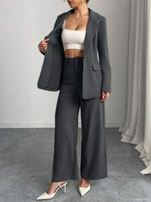 Women Elegant Simple Design Notched Collar Blazer Jacket And Pants Set - Dark Grey - View 5