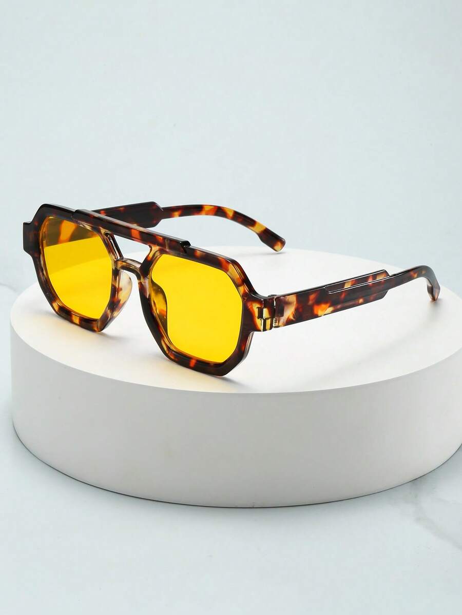 1副男女通用方形镜框PC材质眼镜，简约时尚高端，适合旅行、休闲、派对、海滩、日常佩戴 - 玳瑁框黃桔片 - 查看 1